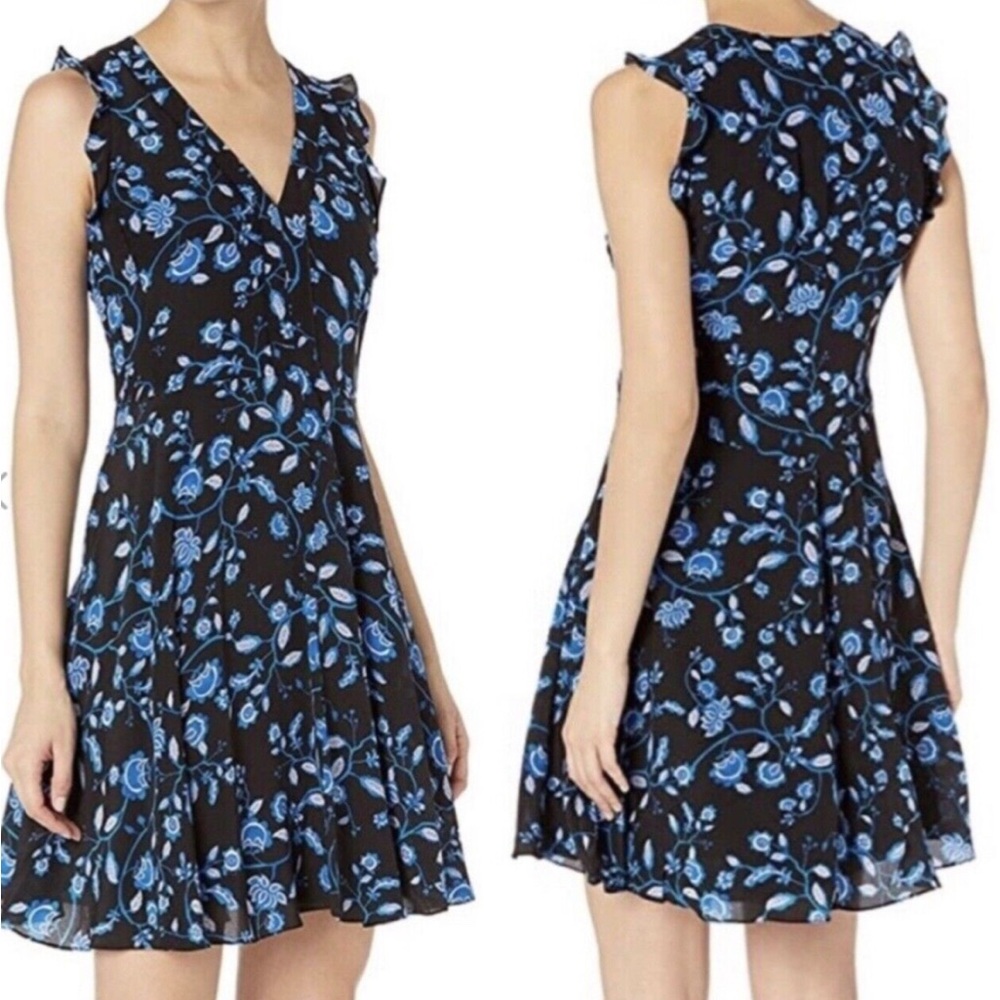 Rebecca Taylor Kyoto Blue Floral Silk A-Line V-Neck Dress Size 6